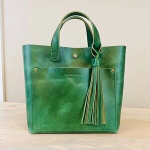 Portland Leather Mini crossbody tote in Cowboy Mint Green with matching tassel